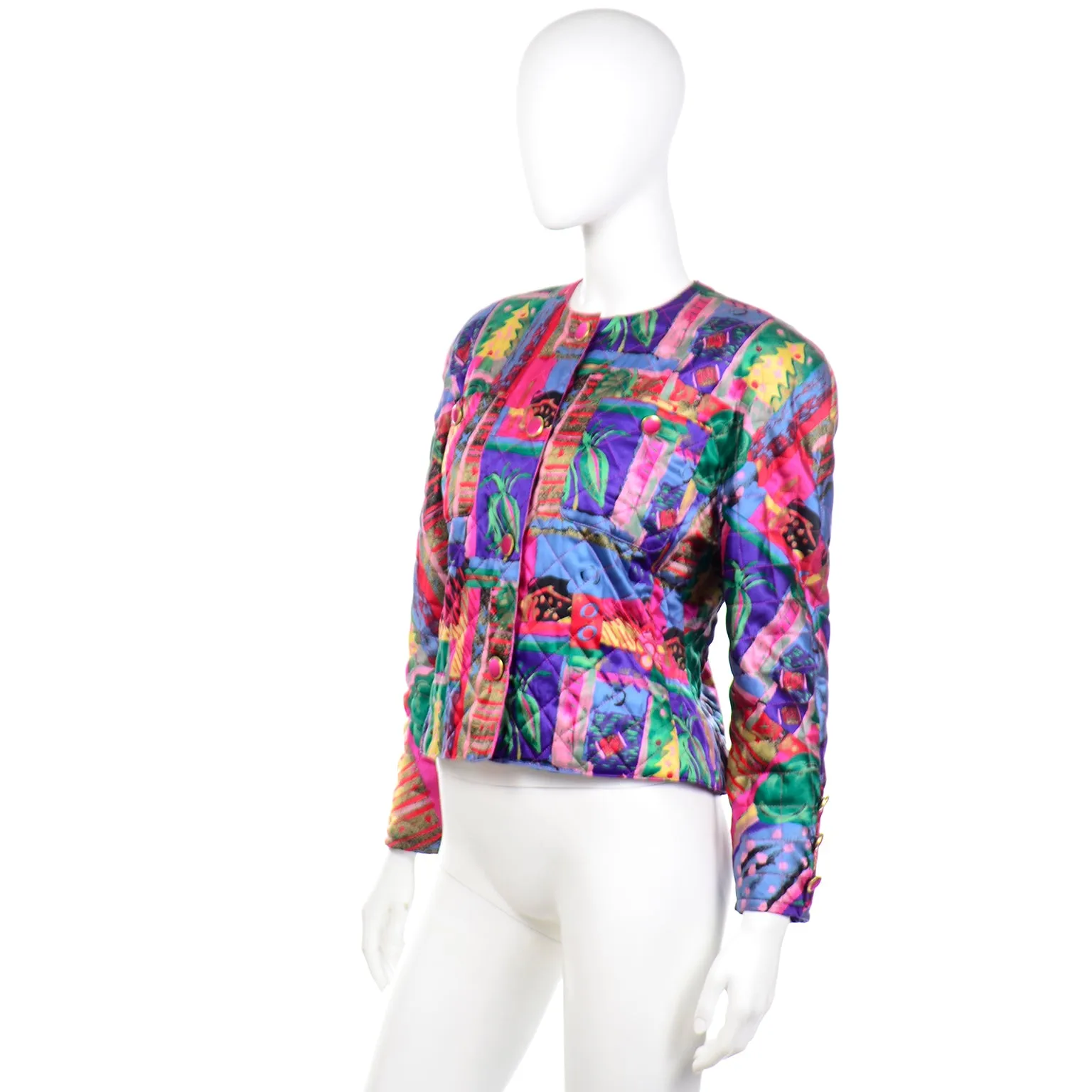 1980s Colorful Silk Quilted Cropped Jacket Made in Germany