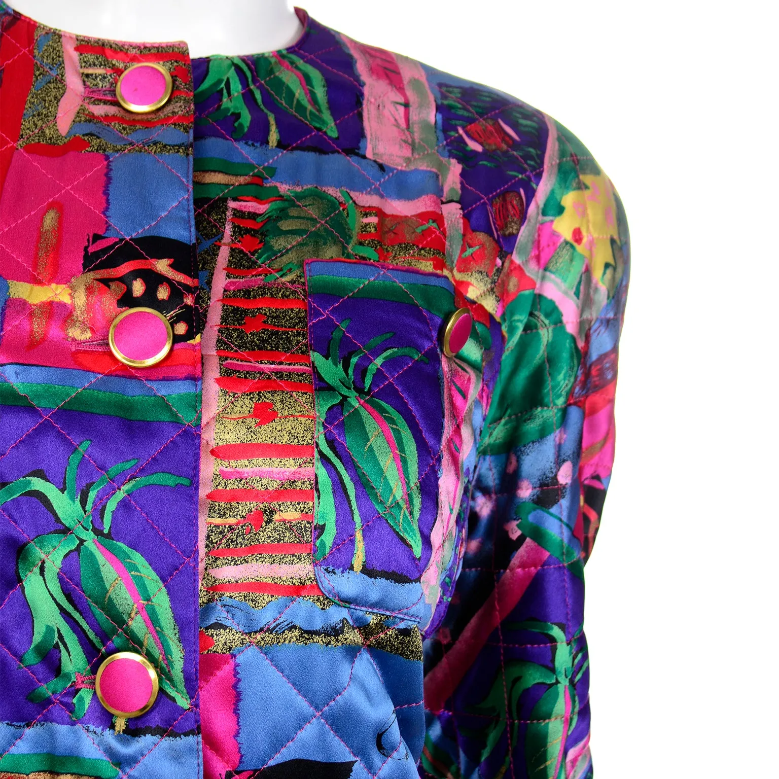 1980s Colorful Silk Quilted Cropped Jacket Made in Germany