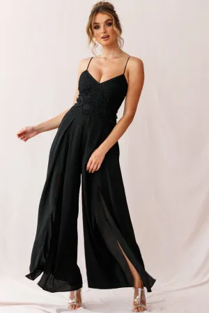 Ada Applique Embroidery Bust Wide Leg Jumpsuit Black