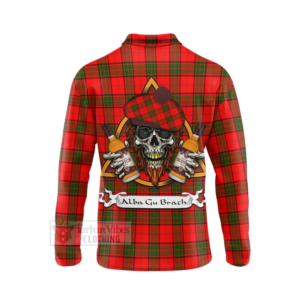 Adair Tartan Long Sleeve Polo Shirt with Family Crest and Bearded Skull Holding Bottles of Whiskey