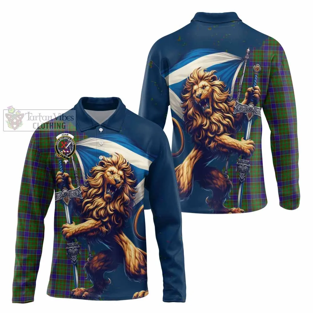 Adam Tartan Family Crest Long Sleeve Polo Shirt with Scottish Majestic Lion