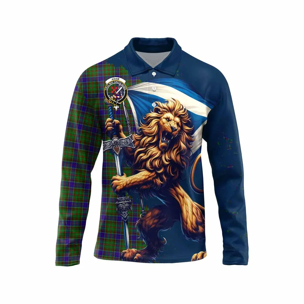 Adam Tartan Family Crest Long Sleeve Polo Shirt with Scottish Majestic Lion