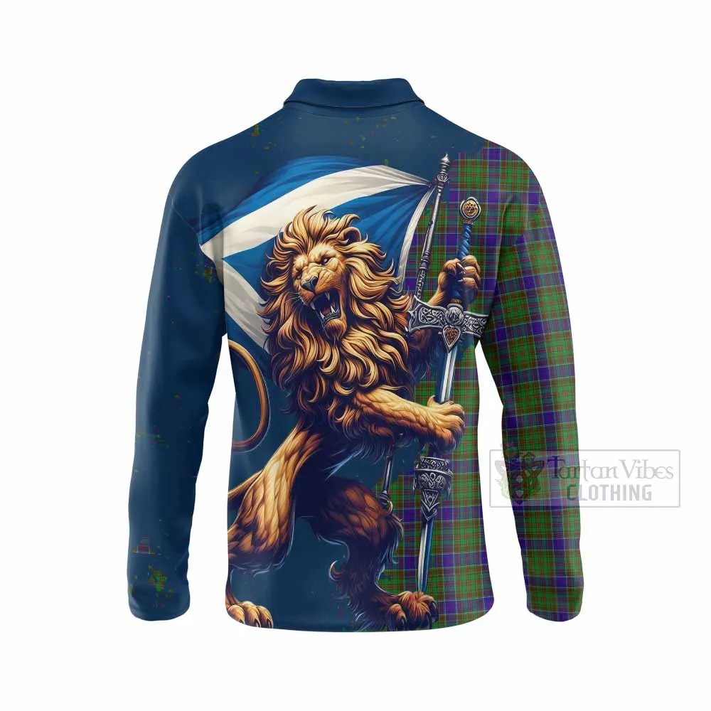 Adam Tartan Family Crest Long Sleeve Polo Shirt with Scottish Majestic Lion