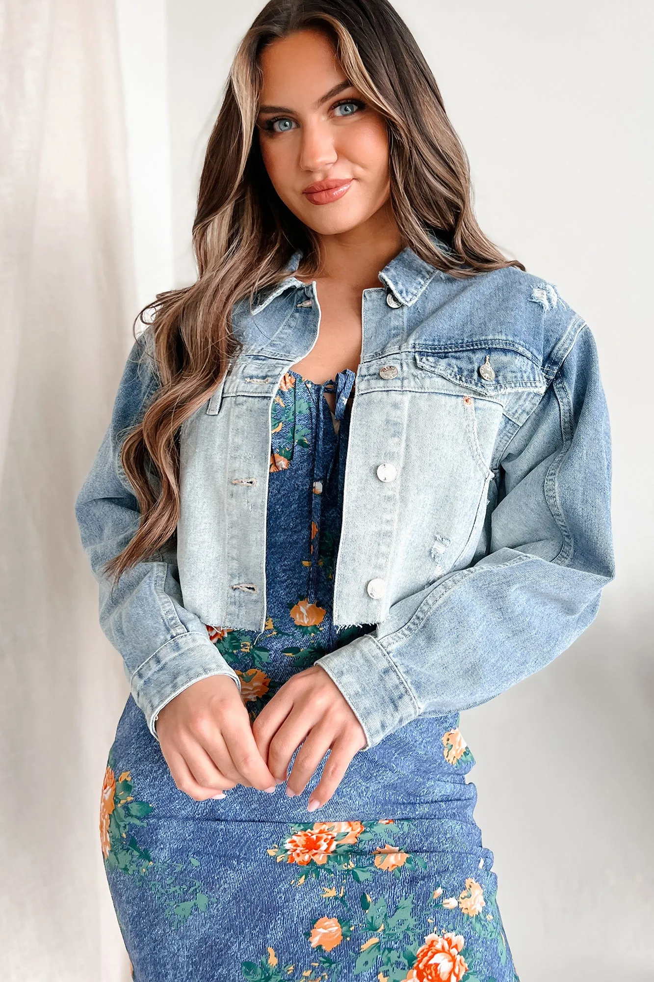 Ain't Looking For Love Half Wash Denim Crop Jacket (Blue)