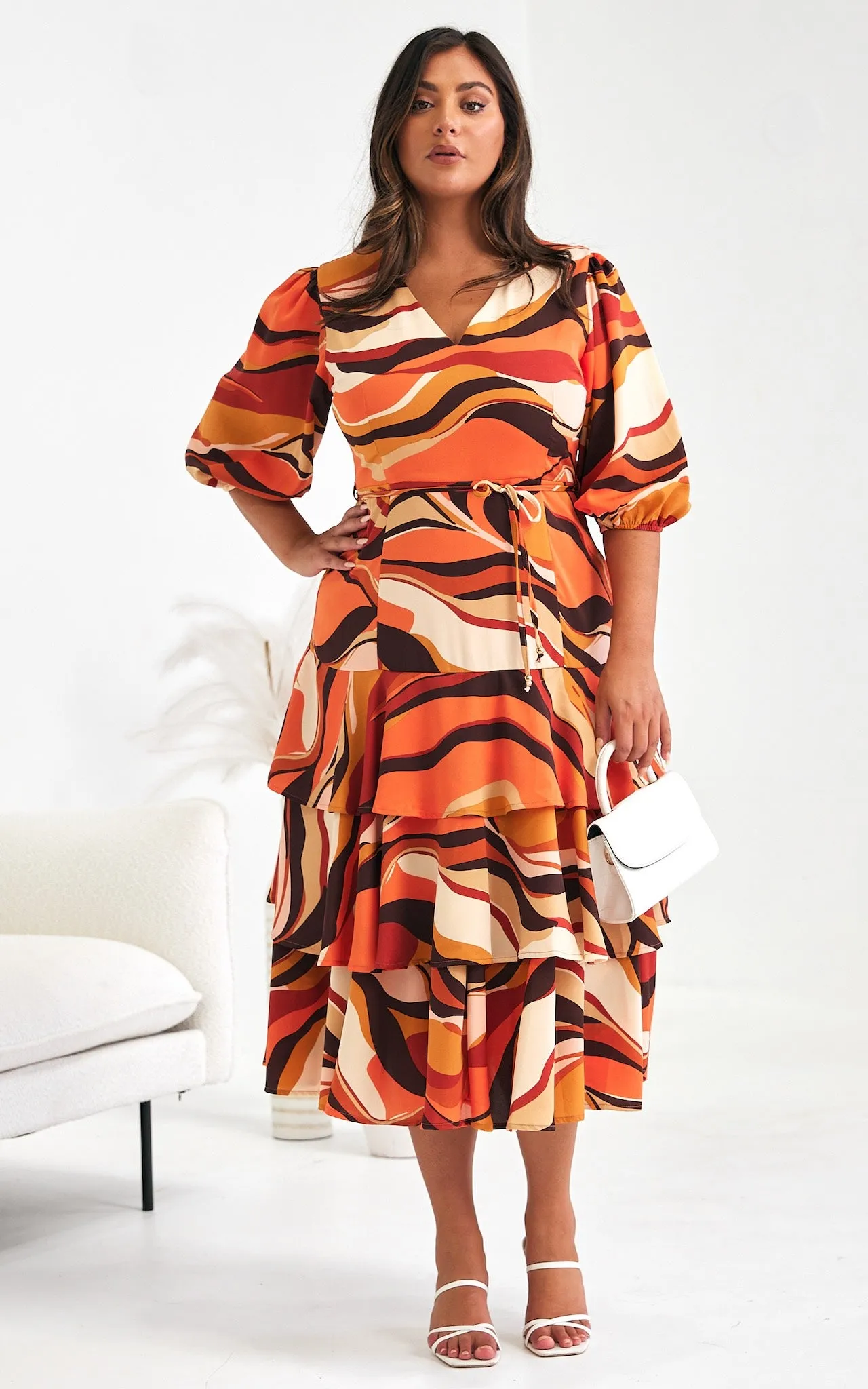 Alicie Midi Dress - Orange Brown Multi Print