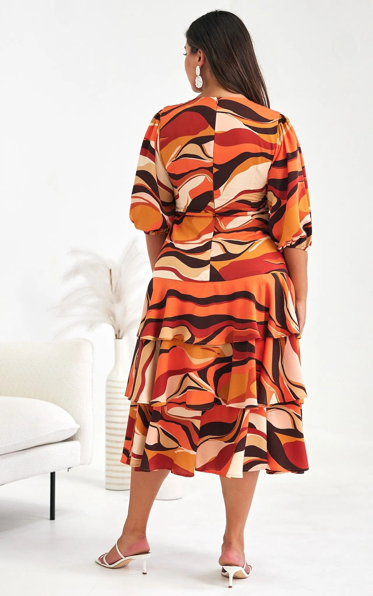 Alicie Midi Dress - Orange Brown Multi Print