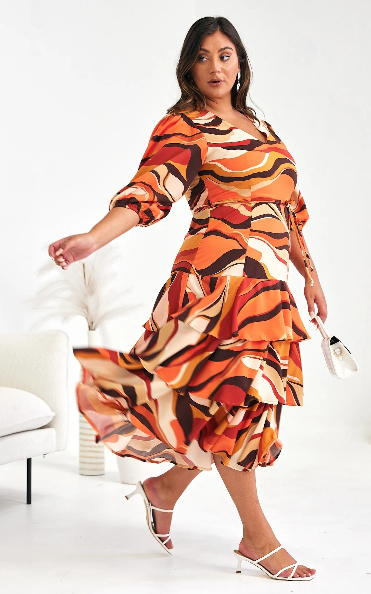 Alicie Midi Dress - Orange Brown Multi Print