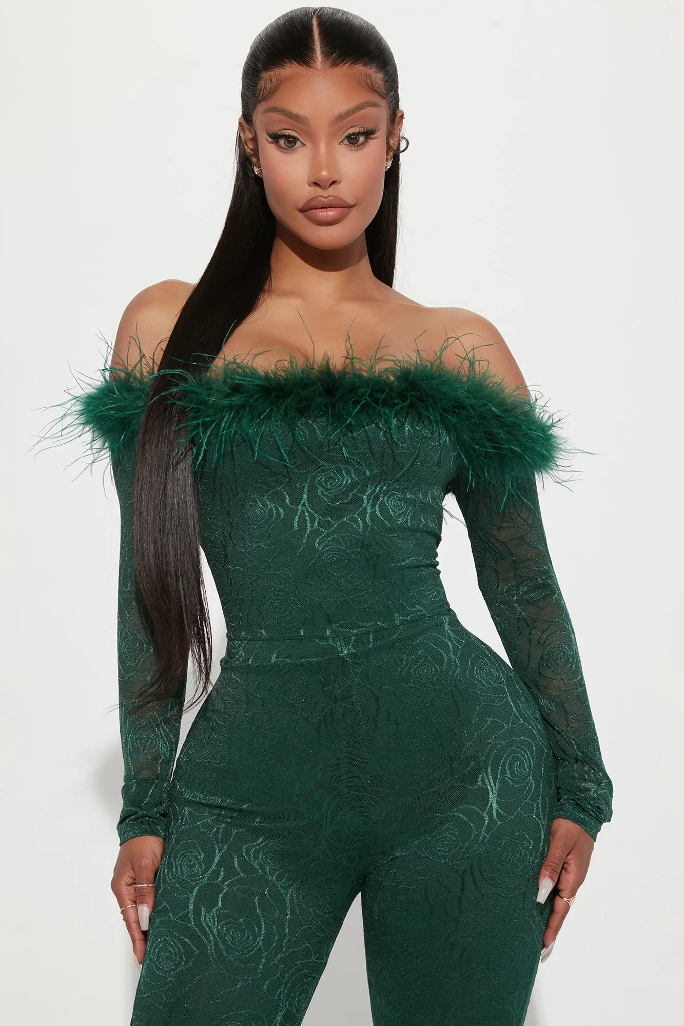 All About Us Feather Jumpsuit - Kelly Green