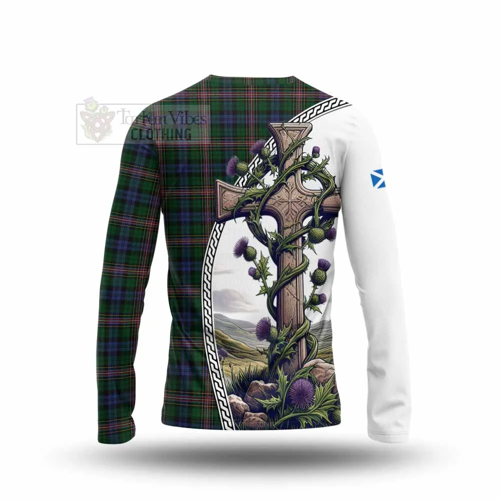 Allison Tartan Long Sleeve T-Shirt with Family Crest and St. Andrew's Cross Accented by Thistle Vines