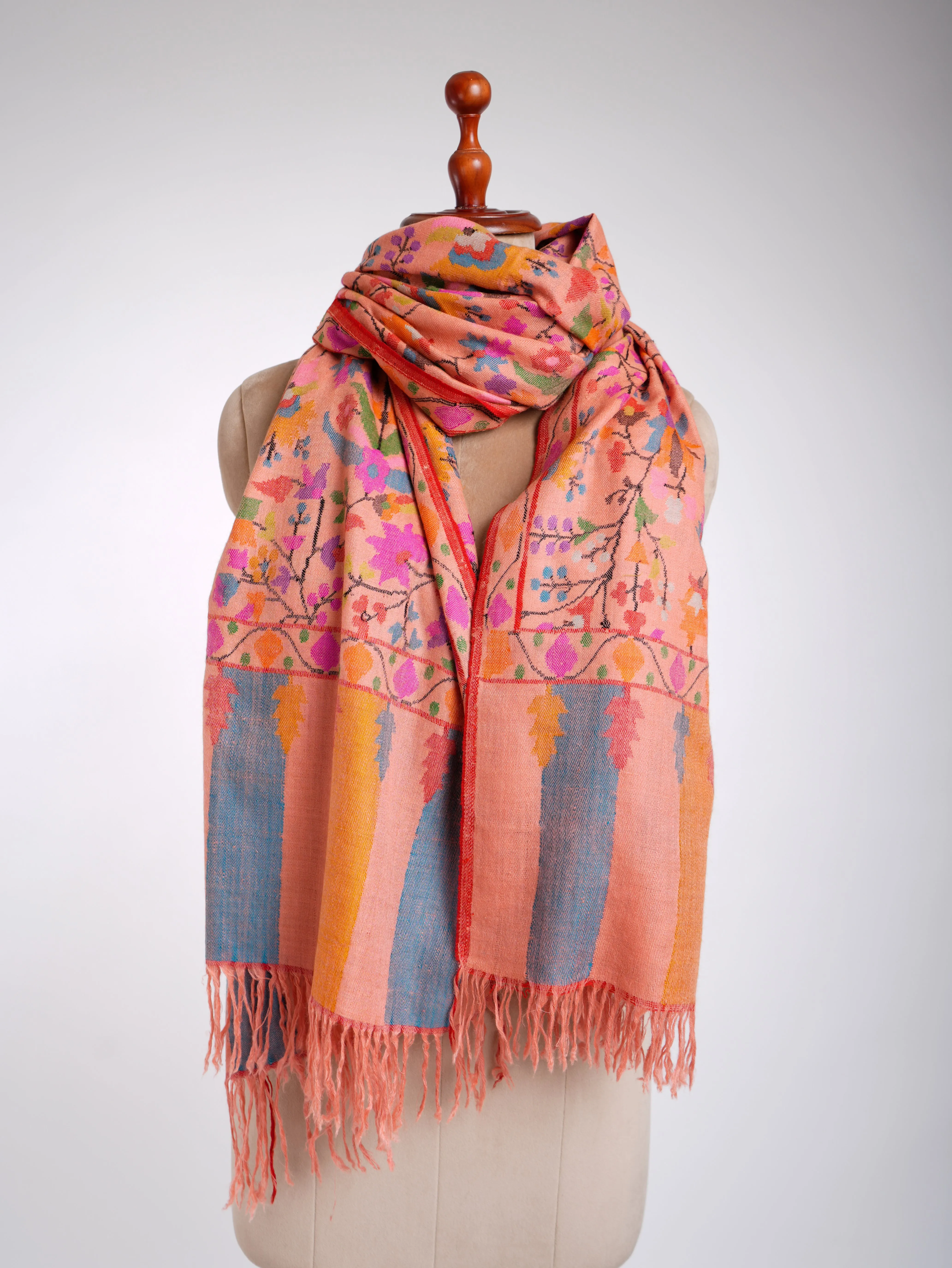 Alluring Peach Kani Weave Cashmere Shawl