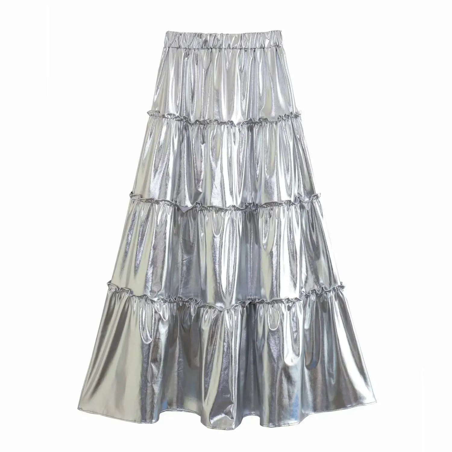 Amozae Summer 2024 New Women's Silver Metal Texture Medium Length Skirts High Waist A-Line Slim Large Skirt Hem Cake Skirt