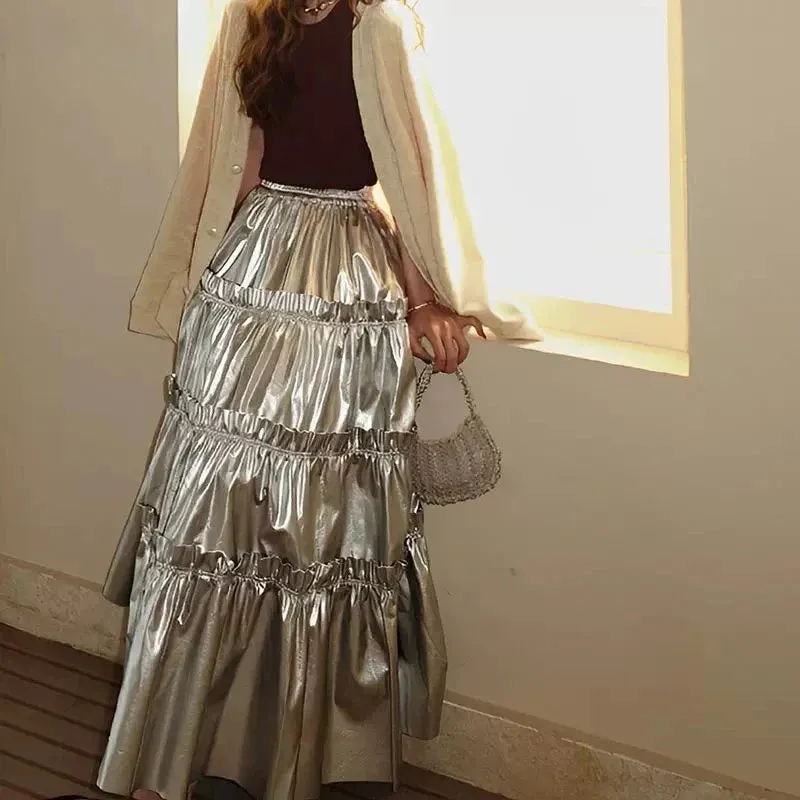 Amozae Summer 2024 New Women's Silver Metal Texture Medium Length Skirts High Waist A-Line Slim Large Skirt Hem Cake Skirt