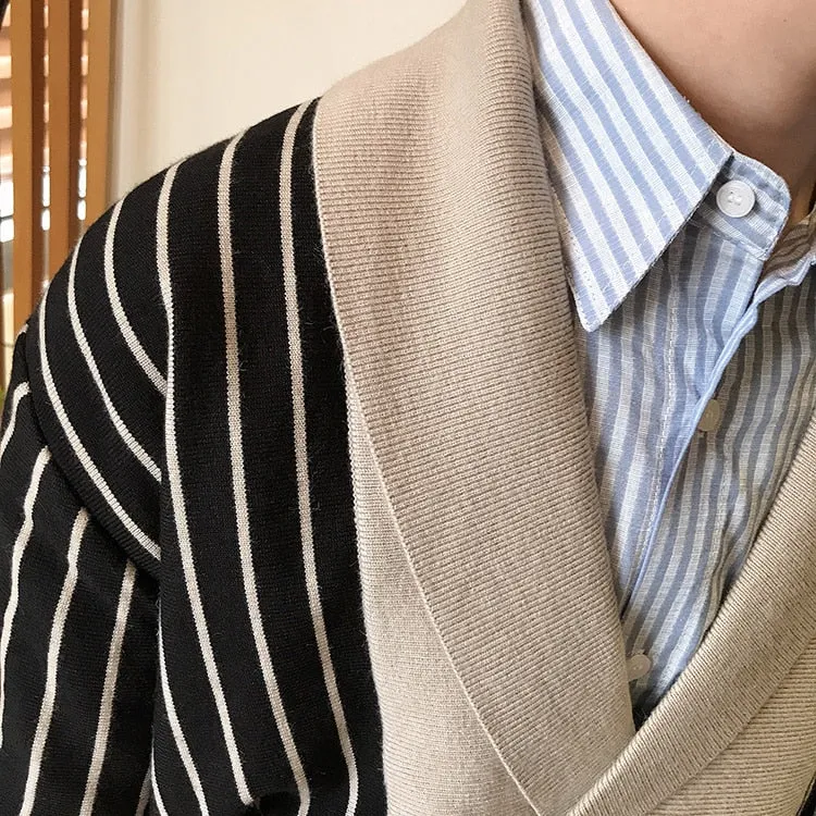 Autumn British Stripe Double Breasted Coat Men Personalized Slim Lapel Sweater Cardigan Trend Los Hombres Abrigos Heren Vesten