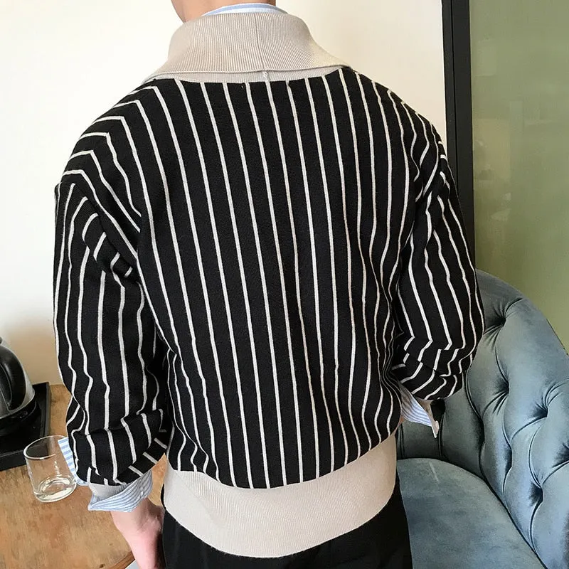 Autumn British Stripe Double Breasted Coat Men Personalized Slim Lapel Sweater Cardigan Trend Los Hombres Abrigos Heren Vesten