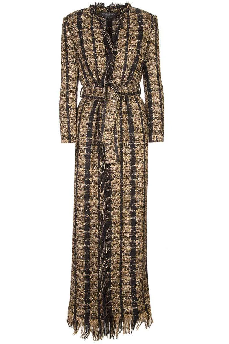 Balmain Longline Frayed Tweed Coat