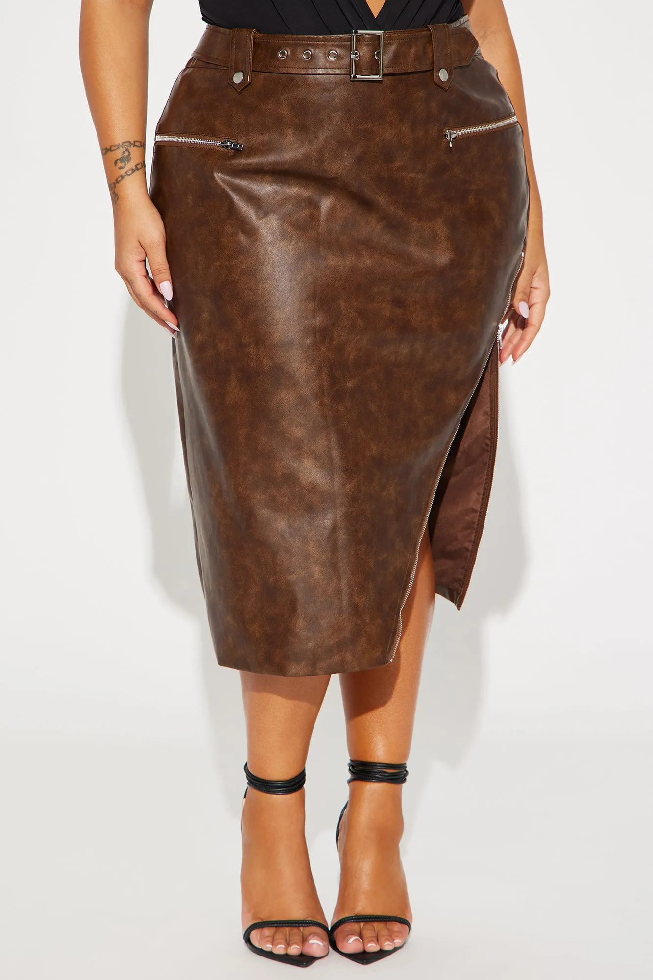 Becky Washed Faux Leather Midi Skirt - Brown