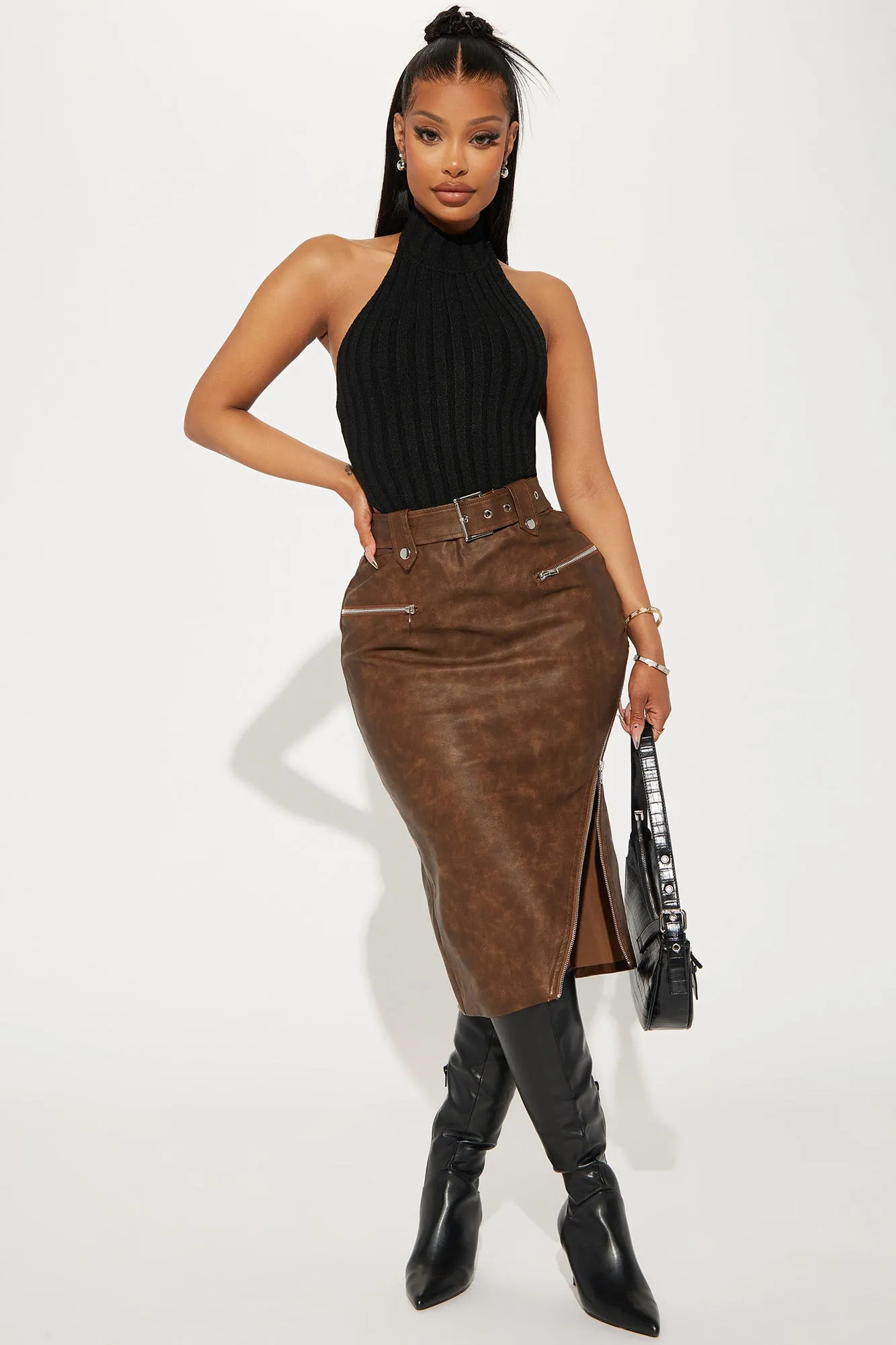 Becky Washed Faux Leather Midi Skirt - Brown