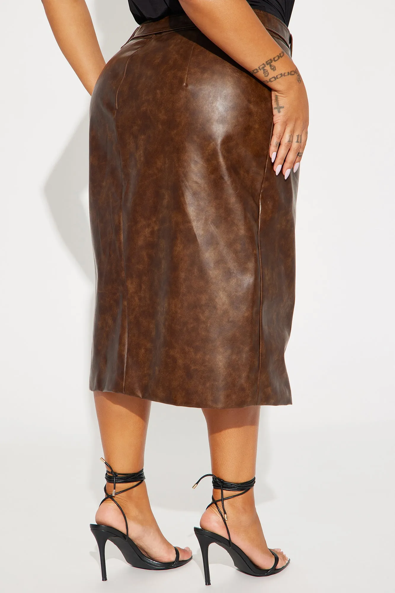 Becky Washed Faux Leather Midi Skirt - Brown