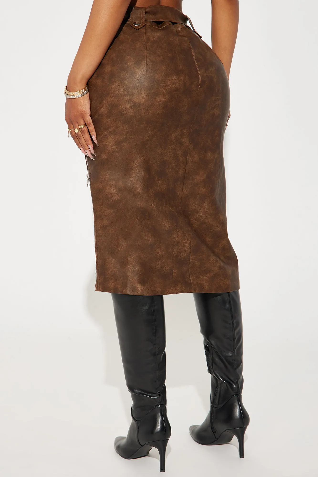 Becky Washed Faux Leather Midi Skirt - Brown