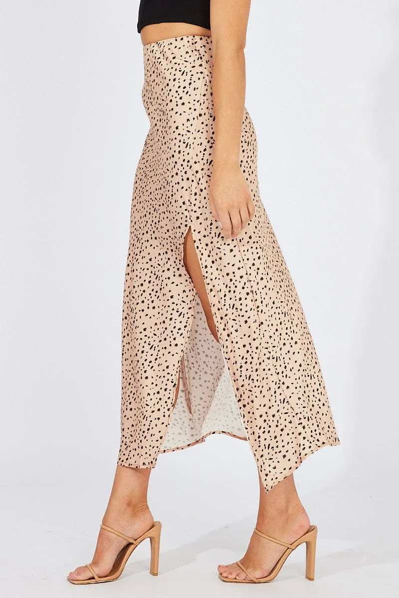 Beige Animal Print Slip Skirt Front Split Satin