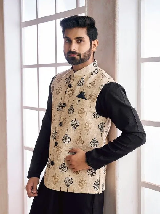 Beige Ethnic Motifs Woven Design Nehru Jacket