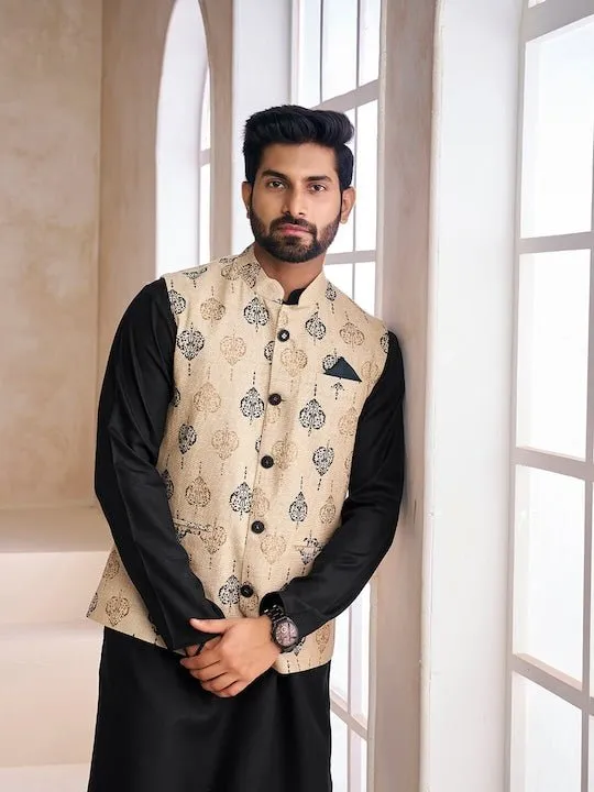 Beige Ethnic Motifs Woven Design Nehru Jacket