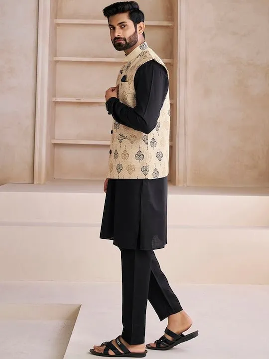 Beige Ethnic Motifs Woven Design Nehru Jacket