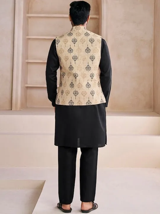 Beige Ethnic Motifs Woven Design Nehru Jacket