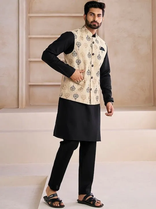 Beige Ethnic Motifs Woven Design Nehru Jacket