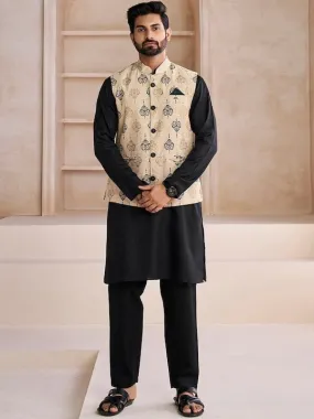 Beige Ethnic Motifs Woven Design Nehru Jacket