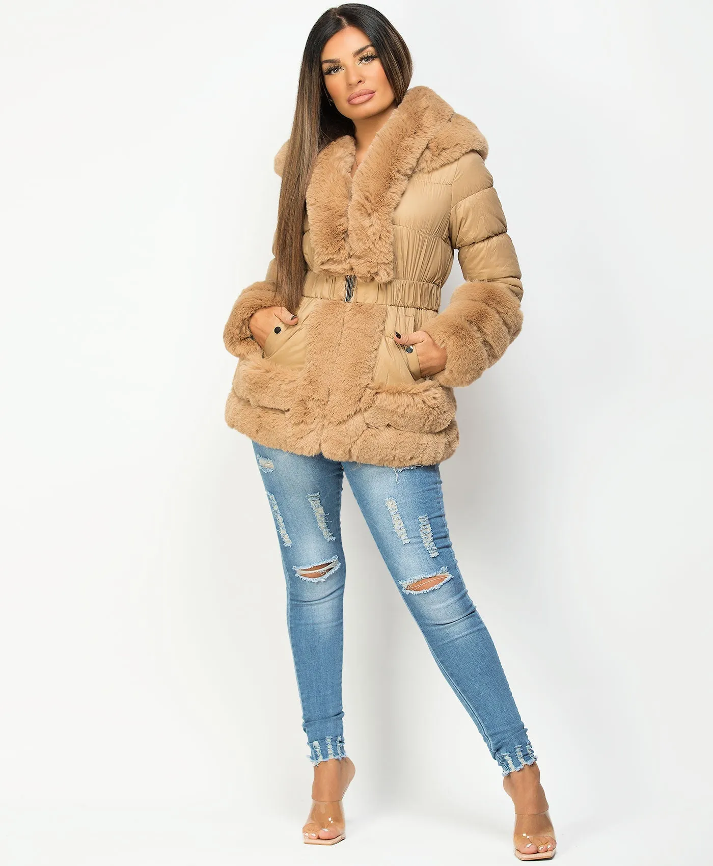 Beige Faux Fur Hem Hooded Puffer Coat Jacket