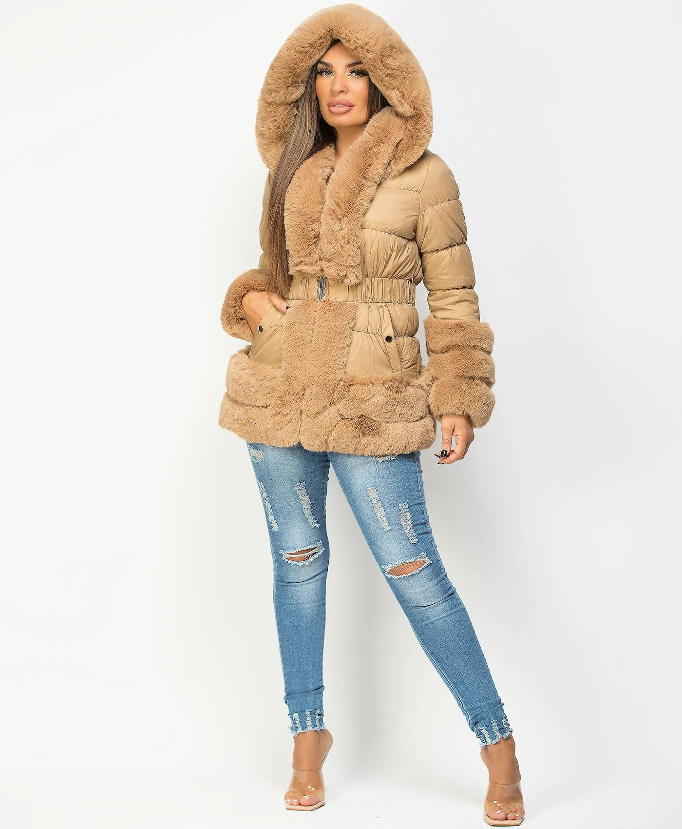 Beige Faux Fur Hem Hooded Puffer Coat Jacket