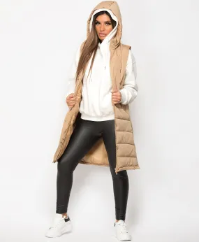 Beige Hooded Side Split Quilted Puffer Long Gilet Bodywarmer