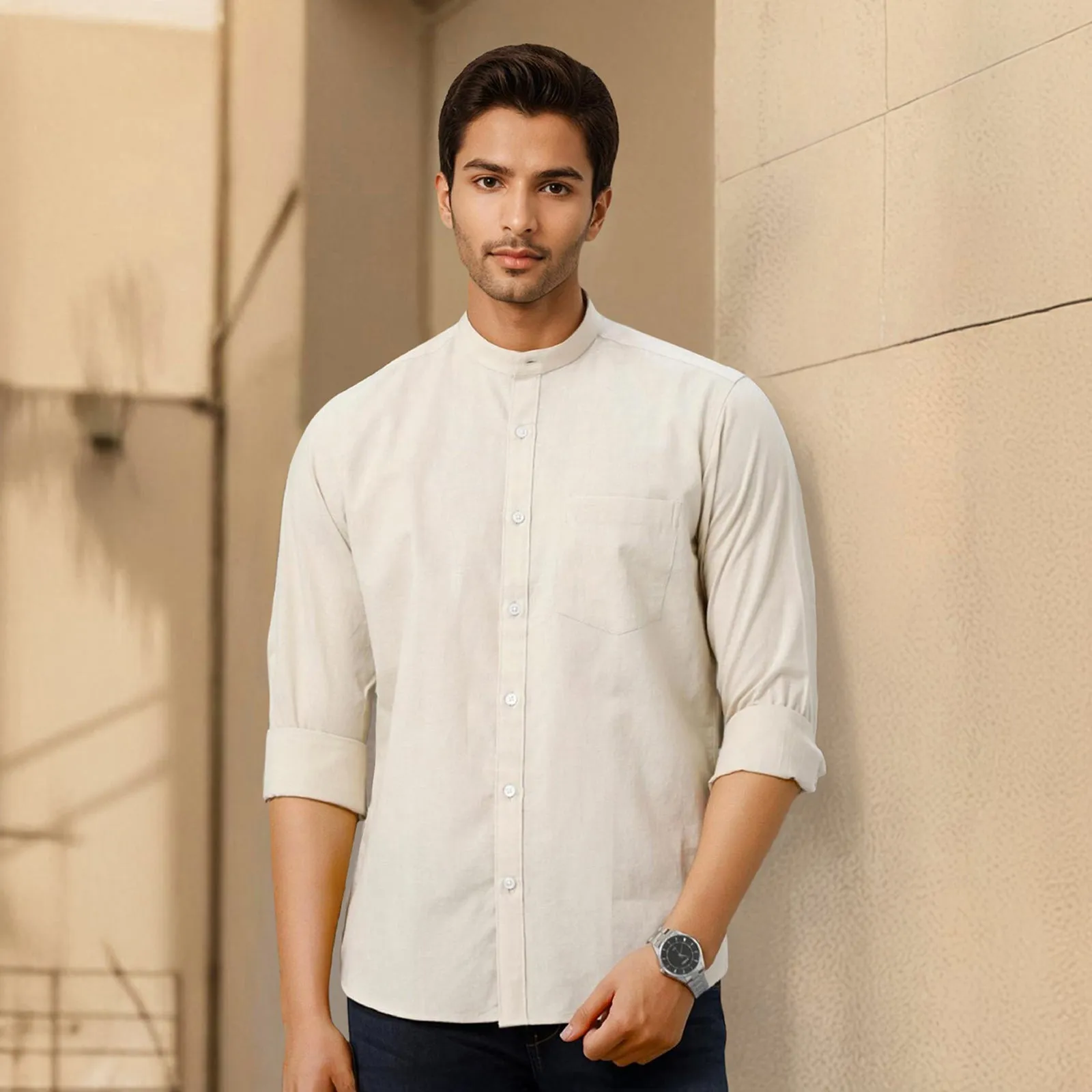 Beige Mandarin Collar Solid Linen Cotton Shirt for Men