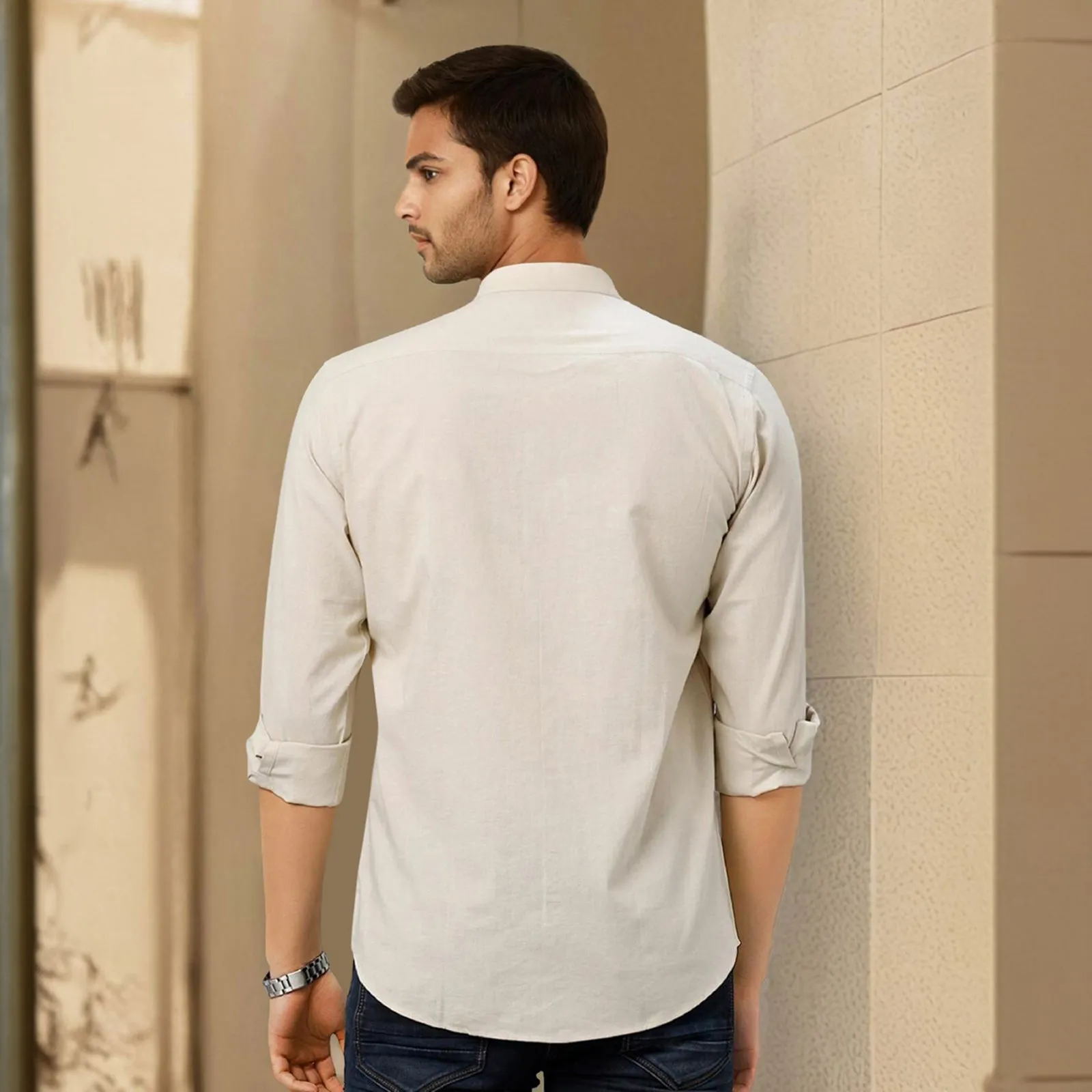 Beige Mandarin Collar Solid Linen Cotton Shirt for Men