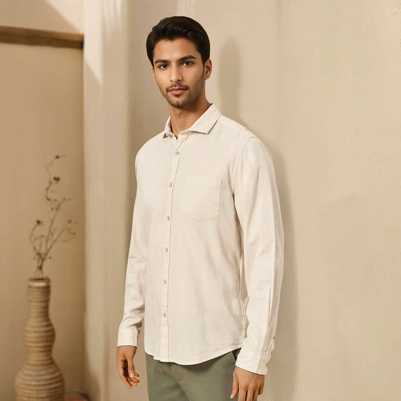 Beige Solid Linen Cotton Shirt for Men