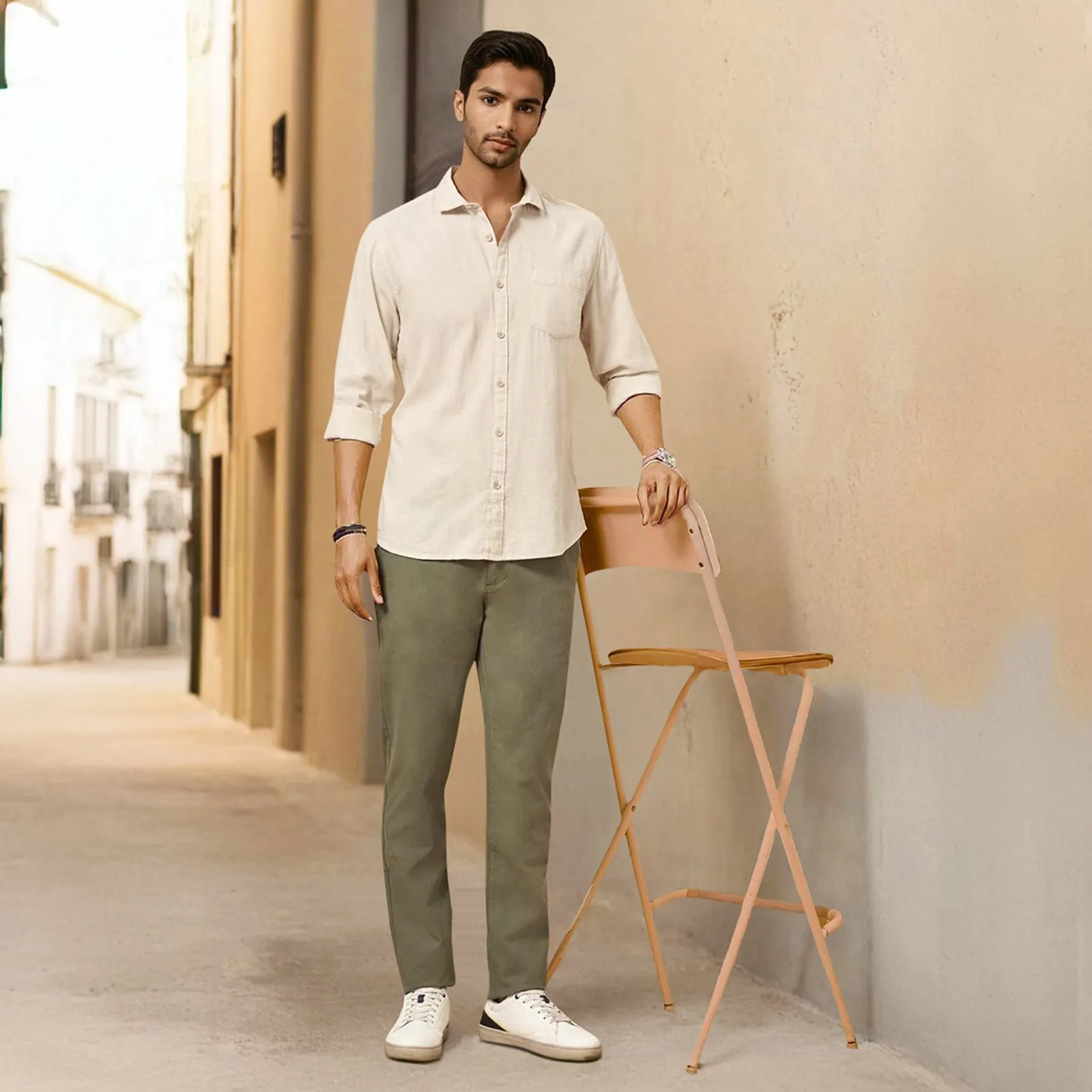 Beige Solid Linen Cotton Shirt for Men