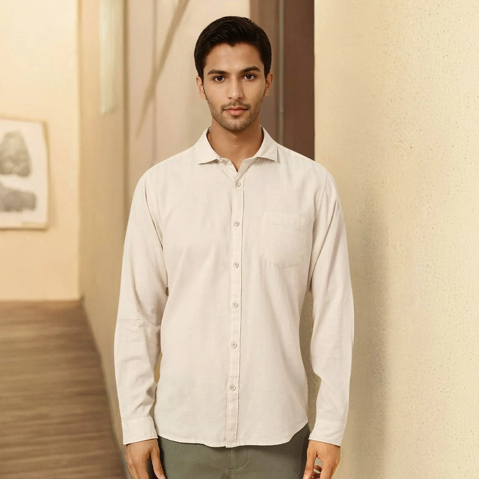 Beige Solid Linen Cotton Shirt for Men