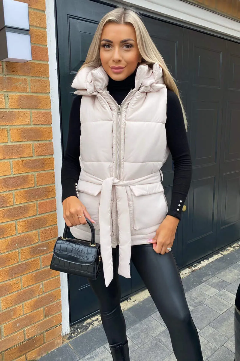 Beige Tie Waist Hooded Gilet