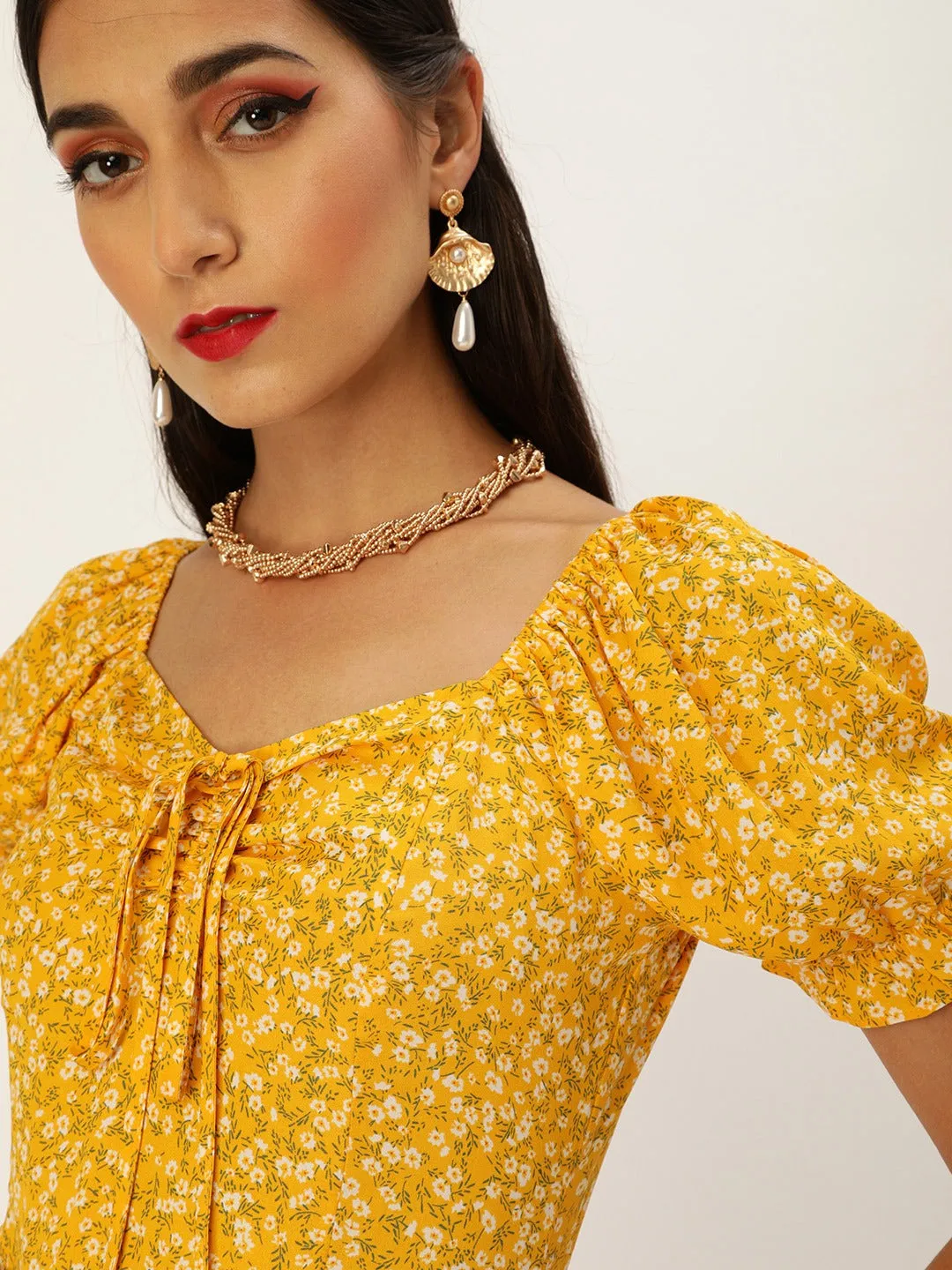 Berrylush Women Yellow Floral Print A-Line Midi Dress