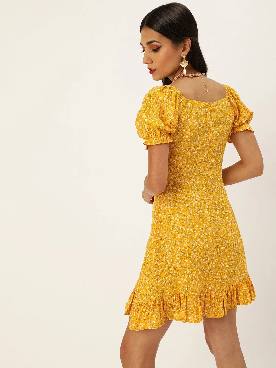 Berrylush Women Yellow Floral Print A-Line Midi Dress