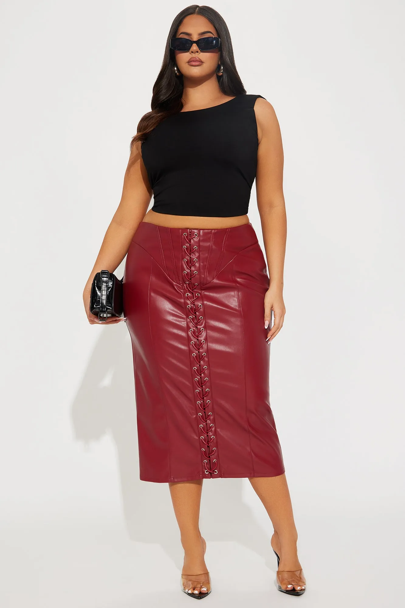 Better Together Faux Leather Midi Skirt - Red