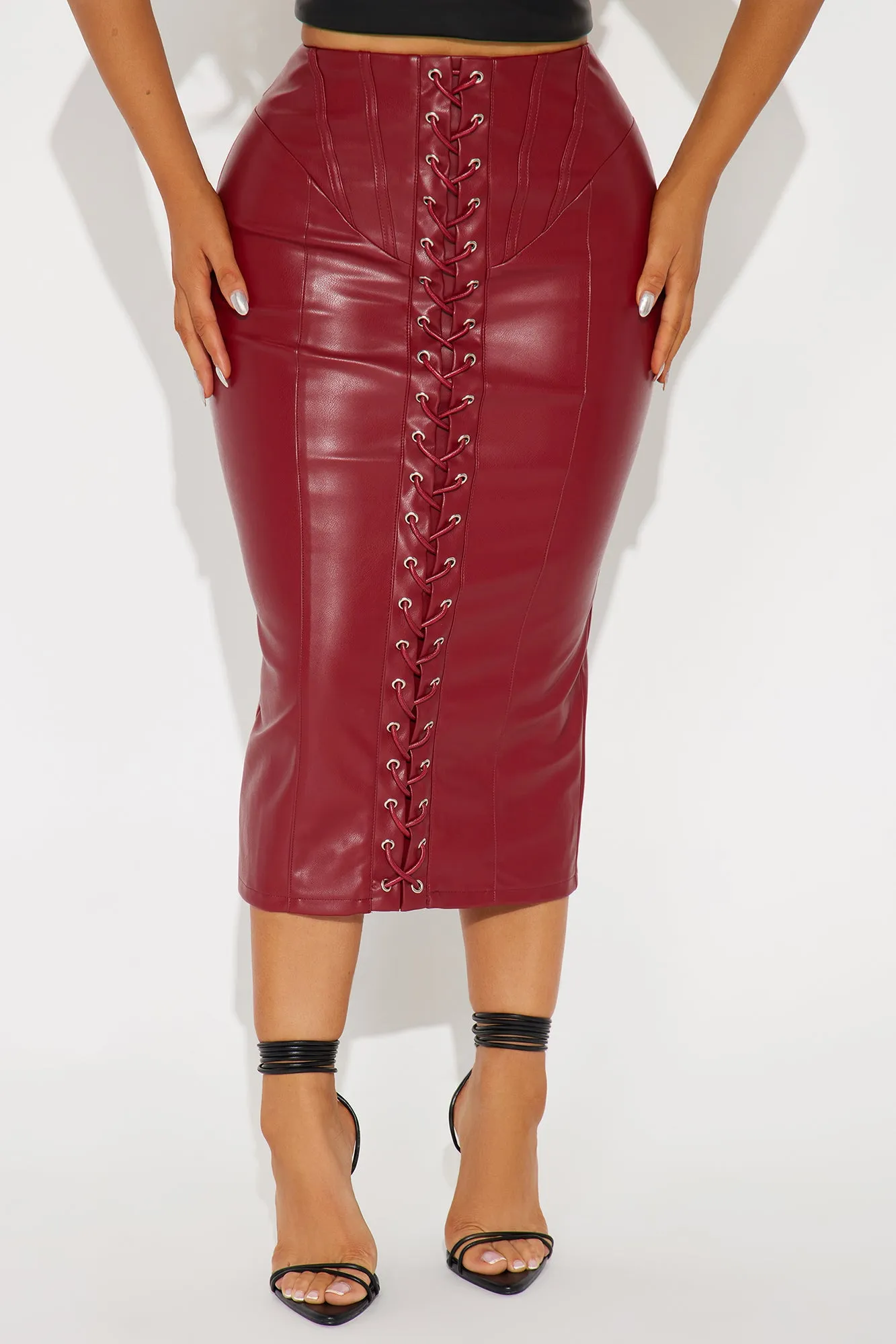 Better Together Faux Leather Midi Skirt - Red