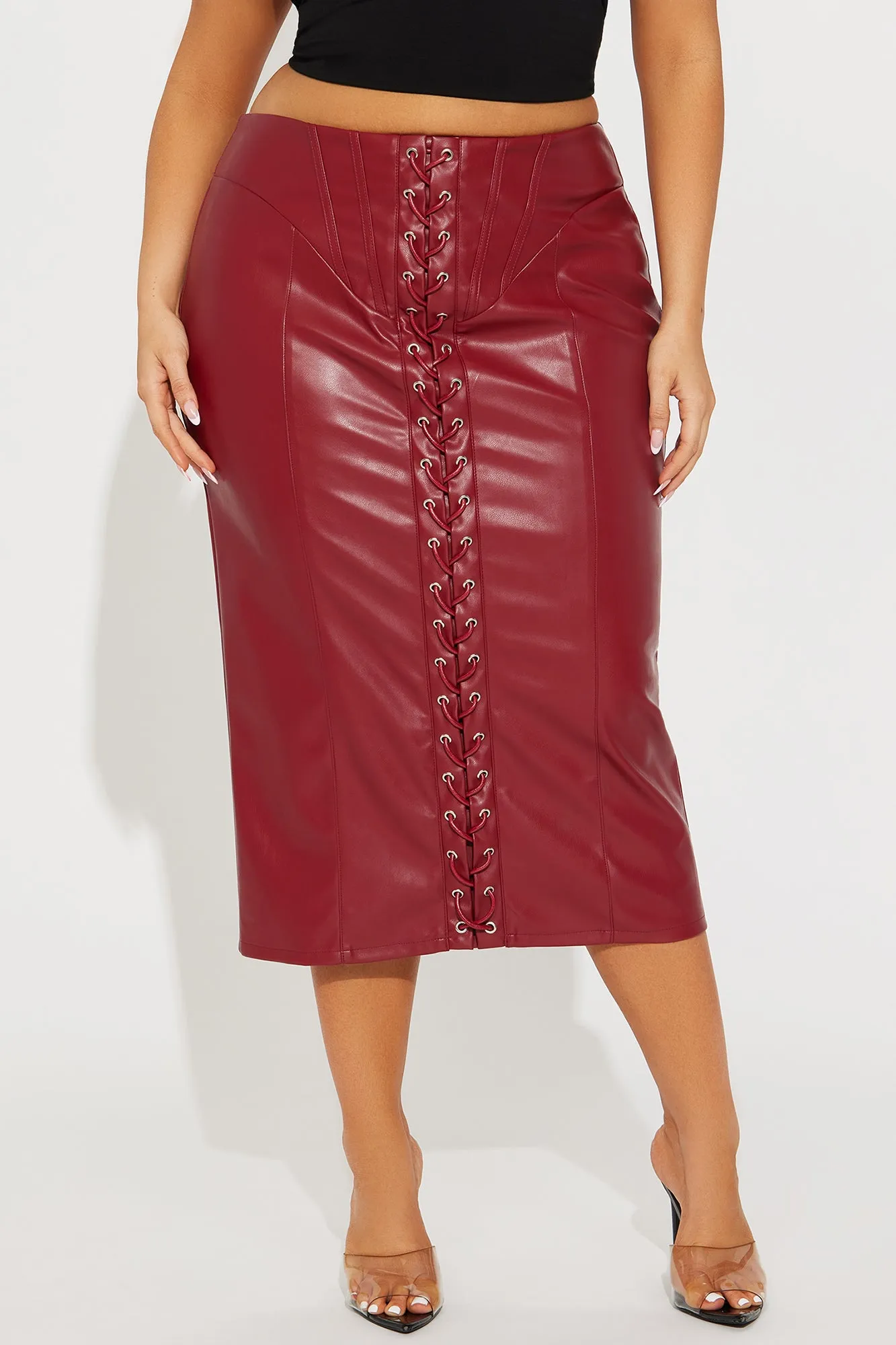 Better Together Faux Leather Midi Skirt - Red