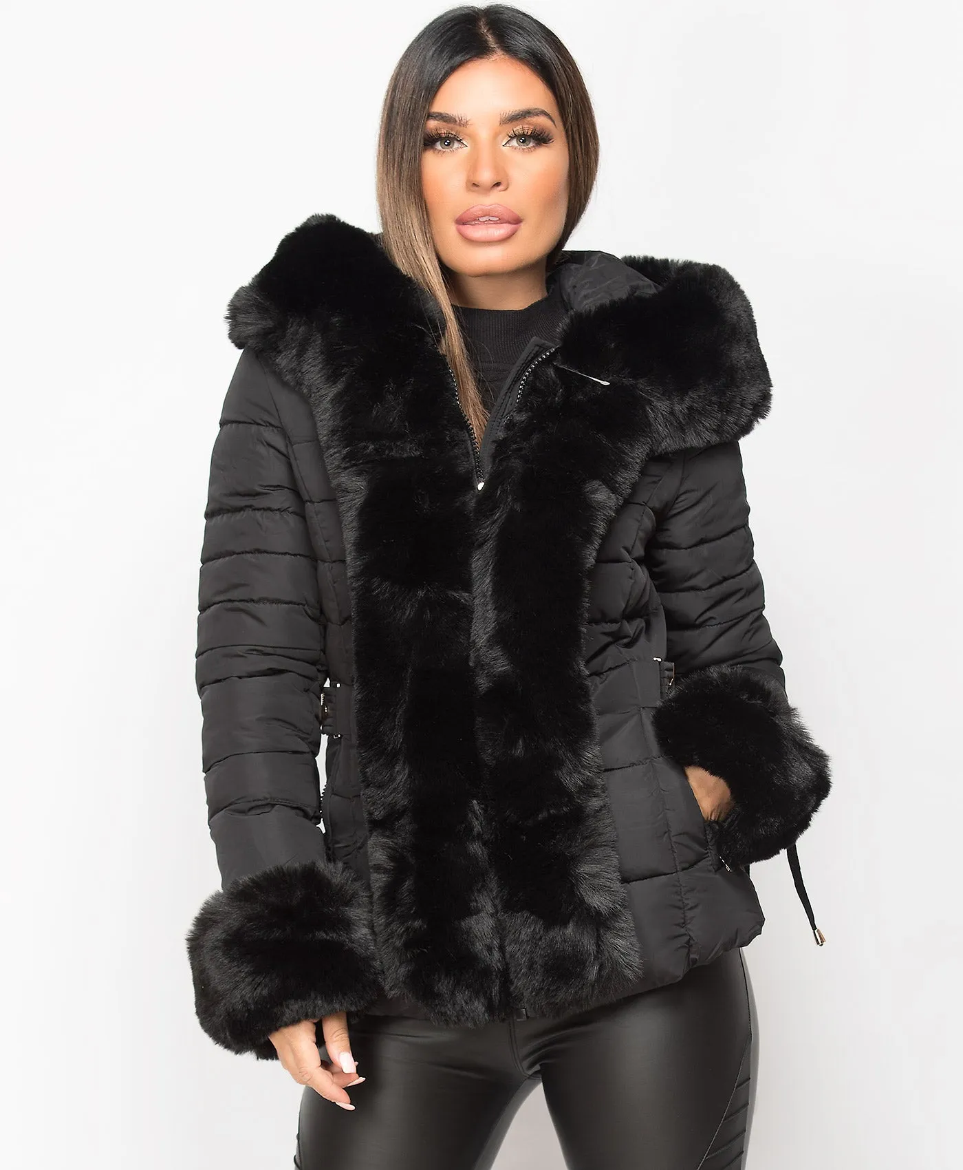 Black Faux Fur Trim Hooded Side Buckle Puffer Jacket