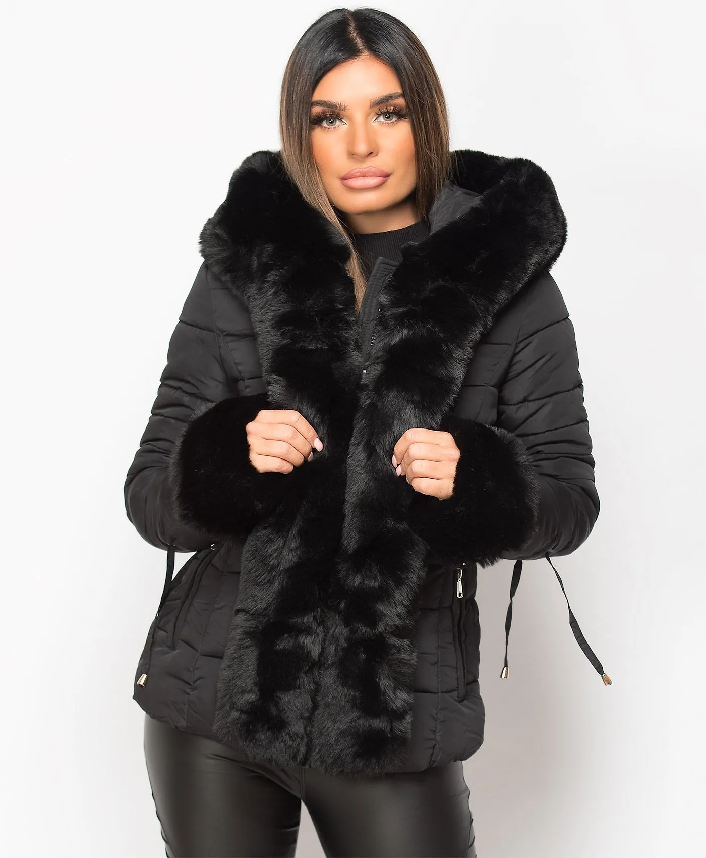 Black Faux Fur Trim Hooded Side Buckle Puffer Jacket