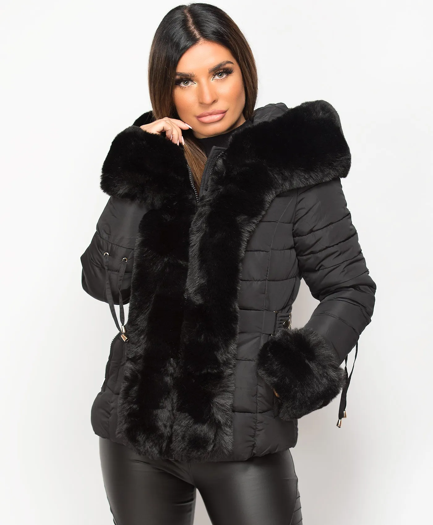 Black Faux Fur Trim Hooded Side Buckle Puffer Jacket