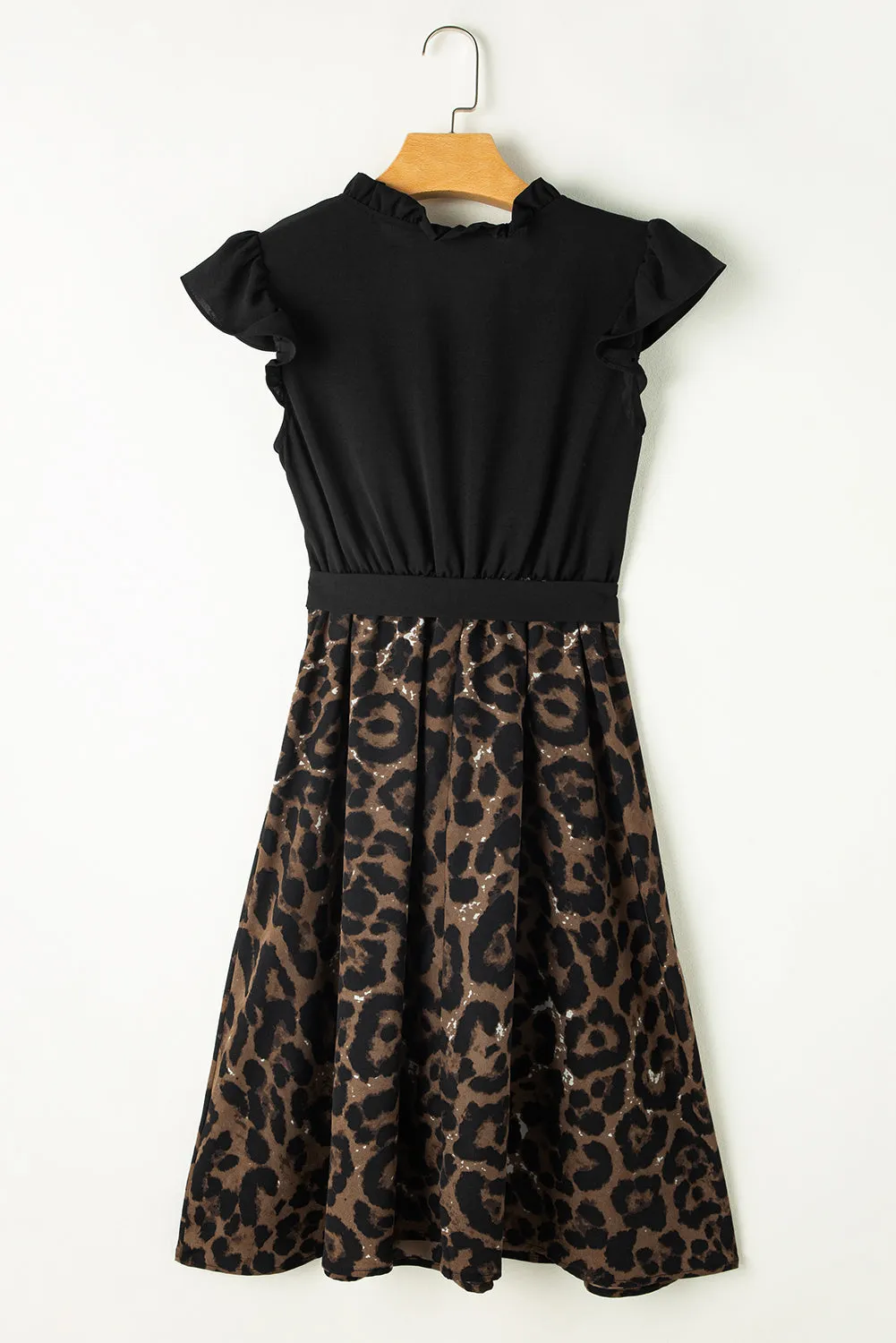 Black Flutter Sleeve Bodice Splicing Leopard Print Dress