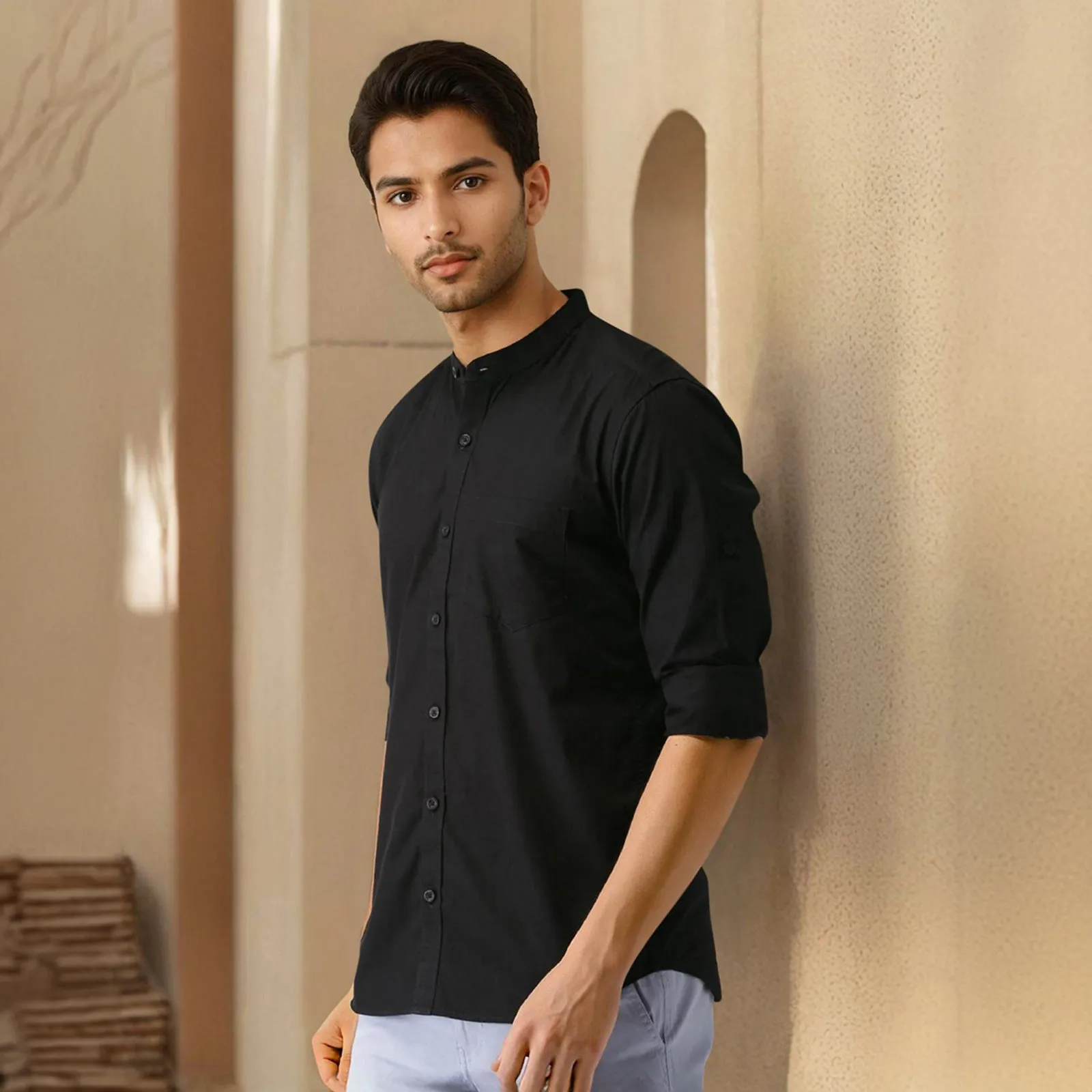 Black Mandarin Collar Solid Linen Cotton Shirt for Men