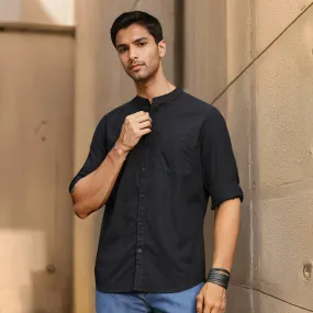 Black Mandarin Collar Solid Linen Cotton Shirt for Men